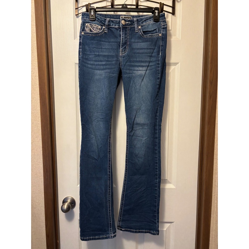Soundgirl Womens Bootcut Jeans Dark Wash Embroidered Wing Rhinestone Size 7